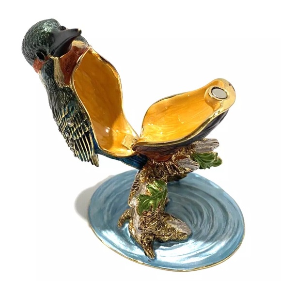 Kingfisher Bird Bejeweled Enameled Hummingbird Trinket Box Hinged Magnetic - Picture 4 of 13